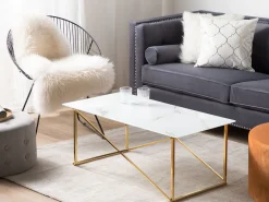 Pöydät<Beliani Sohvapoyta Ruostumaton Teras Marmorikuvio Valkoinen/Kulta Emporia