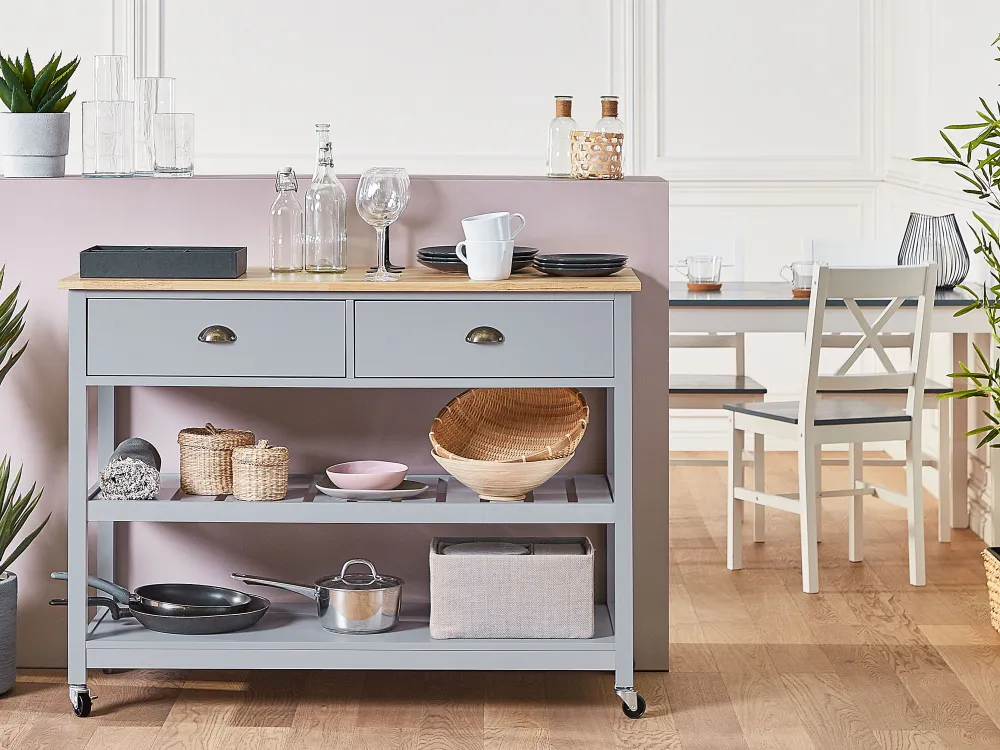 Säilytys<Beliani Tarjoiluvaunu 2 Laatikkoa Vaalea Puu/Harmaa Navarino