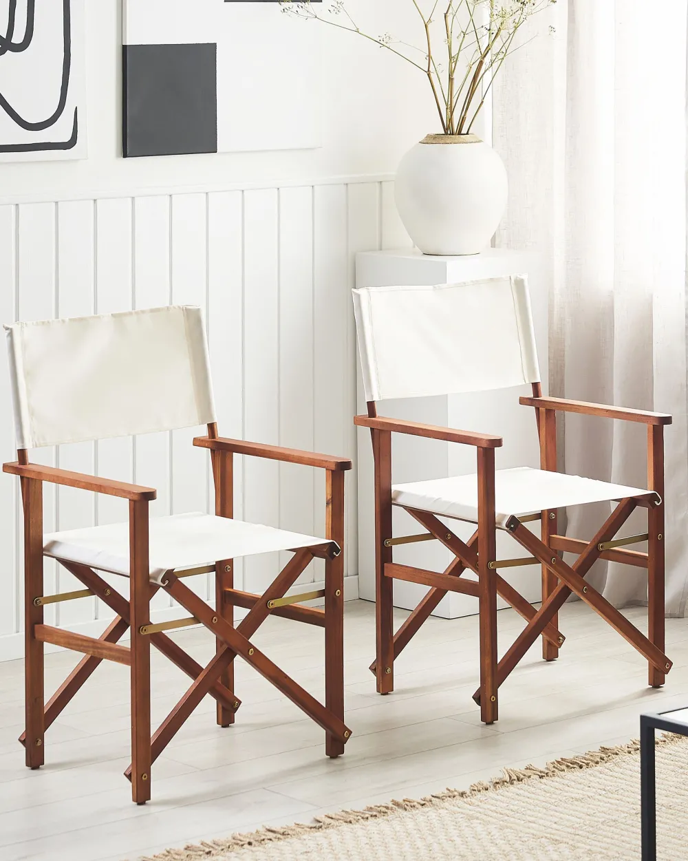 Ulkokalusteet<Beliani Tumma Akaasiapuinen Puutarhatuoli Luonnonvalkoisella Kankaalla 2 Kpl Cine