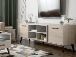 Säilytys<Beliani Tv-Taso 2 Kaappia 4 Hyllya Vaalea Puu/Harmaa Alloa