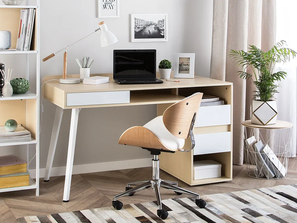 Cheap Beliani Tyopoyta 3 Laatikkoa 3 Hyllya Vaalea Puu/Valkoinen 130 X 60 Cm Caracas