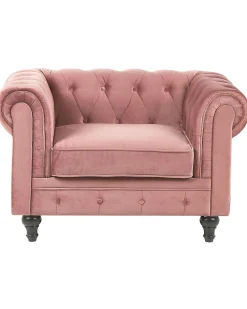 Store Beliani Vaaleanpunainen Samettiverhoiltu Nojatuoli Chesterfield