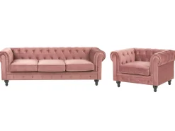 Sohvat<Beliani Vaaleanpunainen Samettiverhoiltu Sohvaryhma Chesterfield