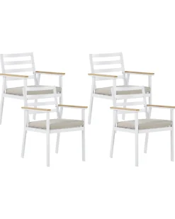 Cheap Beliani Valkoinen 4 Kpl Puutarhatuolisetti Beigeilla Tyynyilla Cavoli