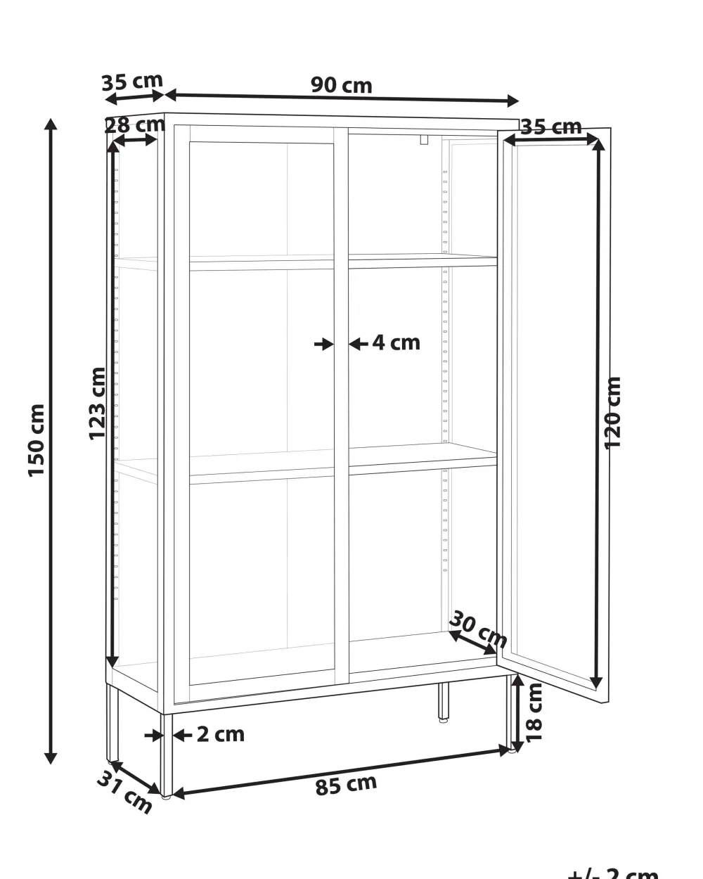 Säilytys<Beliani Vitriinikaappi Teras 2 Ovea 3 Hyllya Valkoinen Nash